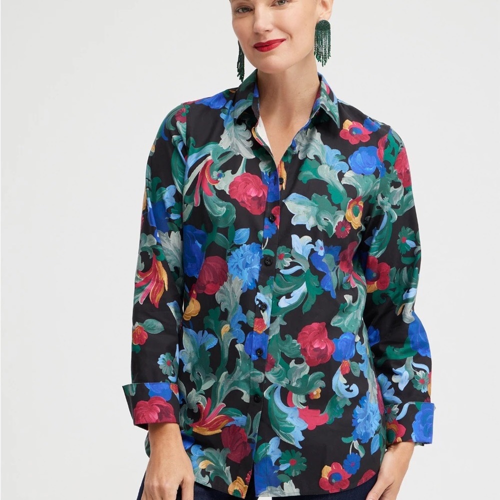 NO IRON - Brightly colored no-iron Chico’s blouse with a black background.